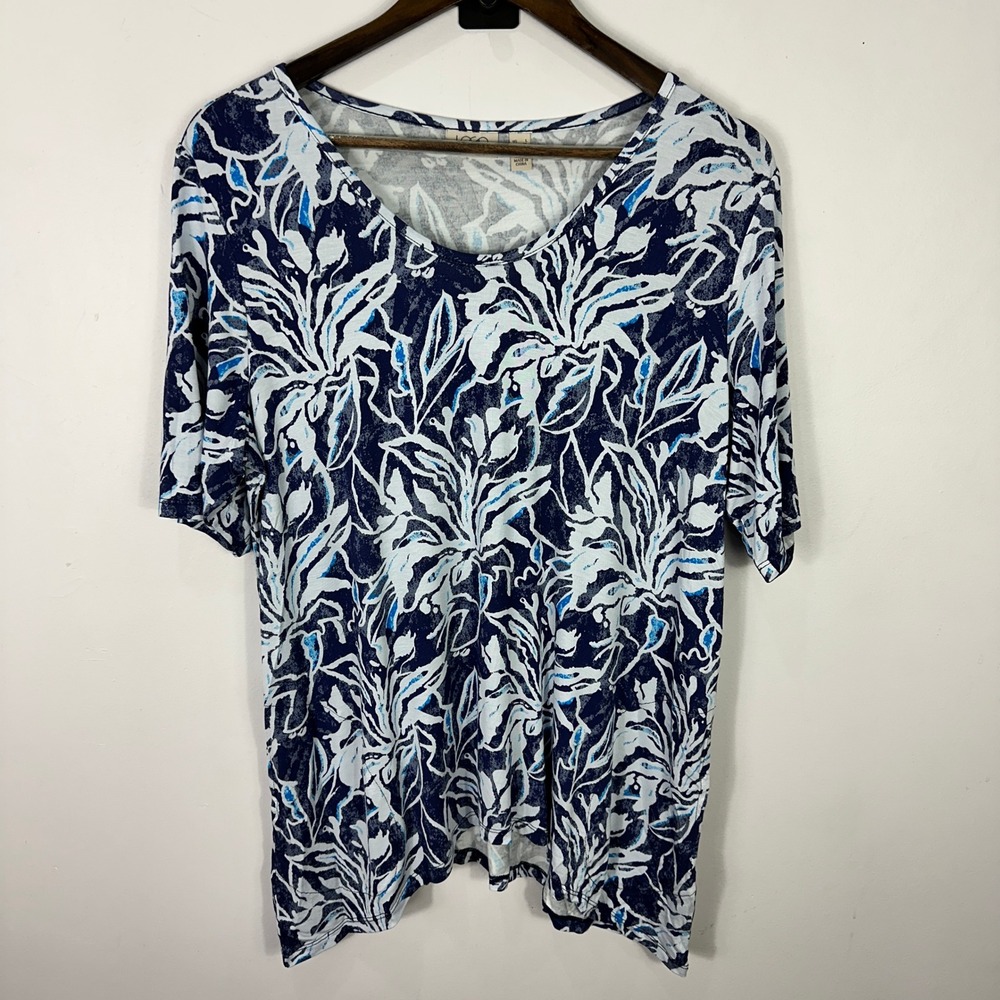 LOGO Lori Goldstein Tunic Top Large Blue White‎ Botanical Floral Knit Pockets